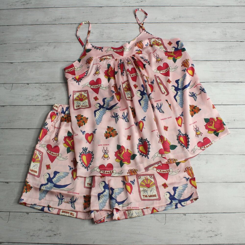 Their Nibs Women's Satin Shortie Pajama Set Size M Mon Coeur Love Birds Cami